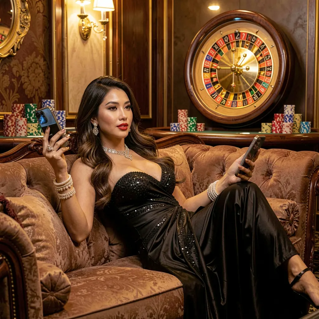 FIZZ77 App – Experience premium casino gaming anytime in the Philippines Luxury casino style room with a glamorous woman using the FIZZ77 mobile app in the Philippines as a glowing roulette wheel spins behind her